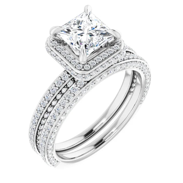 Princess White Gold Halo Pave Style Moissanite Engagement Ring