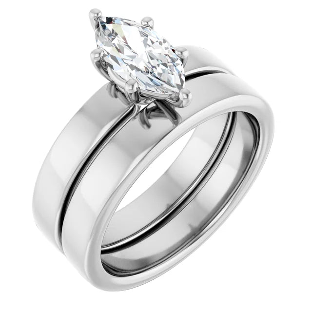 Marquise White Gold Wide Band Solitaire Moissanite Engagement Ring