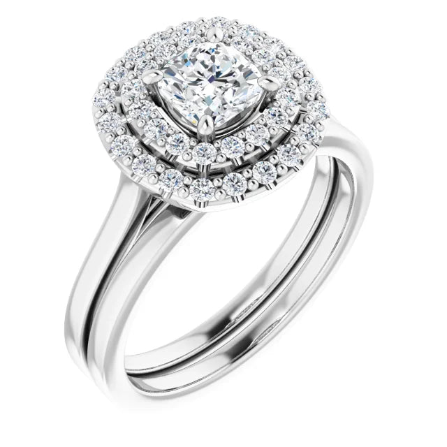 Cushion White Gold Double Halo Solitaire Moissanite Engagement Ring