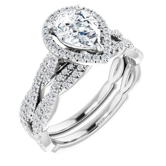 Pear White Gold Halo Twist Pave Moissanite Engagement Ring