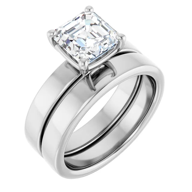 Asscher White Gold Wide Band Solitaire Moissanite Engagement Ring