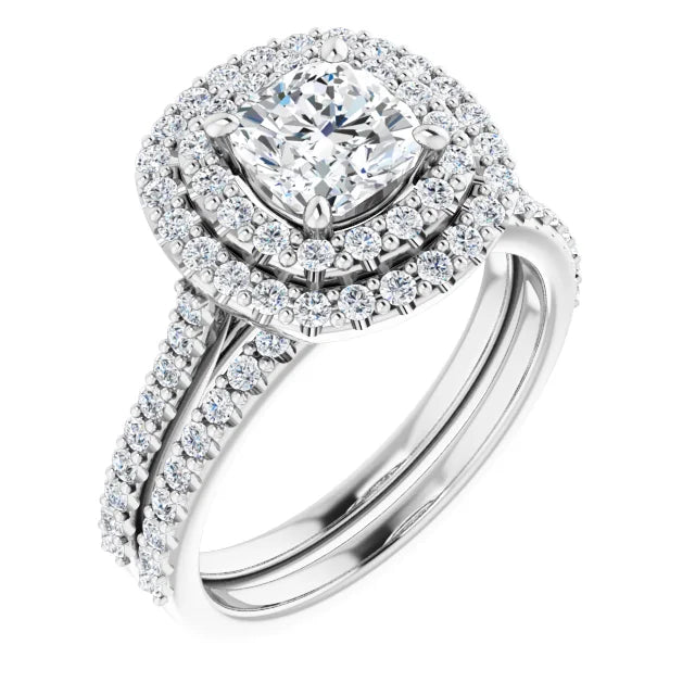 Cushion Double Halo White Gold Moissanite Engagement Ring