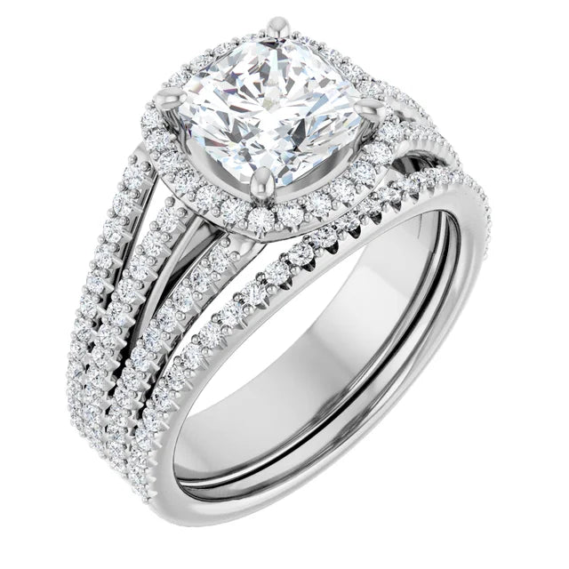 Cushion White Gold Halo Split Pave Moissanite Engagement Ring