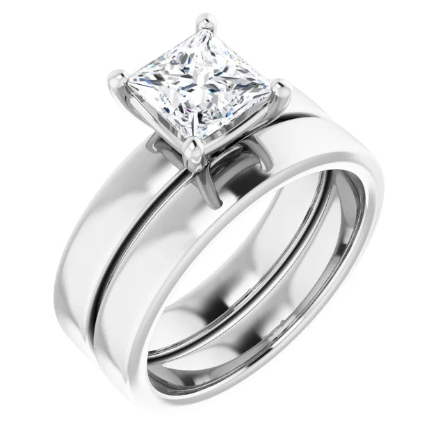 Princess White Gold Wide Band Solitaire Moissanite Engagement Ring