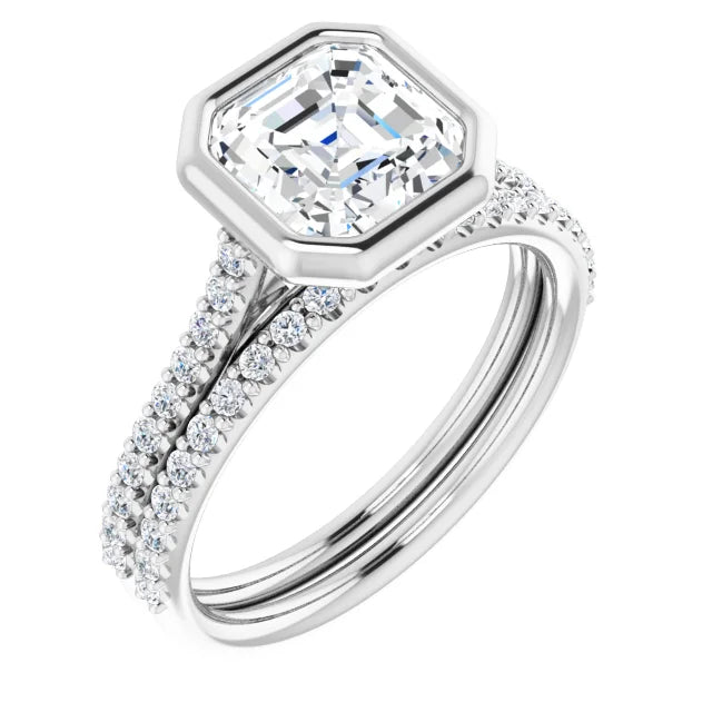 Asscher White Gold Bezel Pave Moissanite Engagement Ring