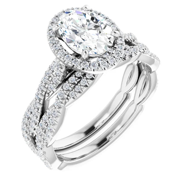 Oval White Gold Halo Twist Pave Moissanite Engagement Ring