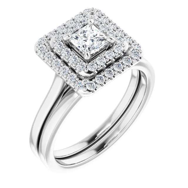 Princess White Gold Double Halo Solitaire Moissanite Engagement Ring