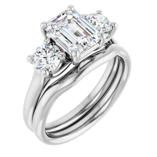Emerald White Gold Tri Stone Moissanite Engagement Ring