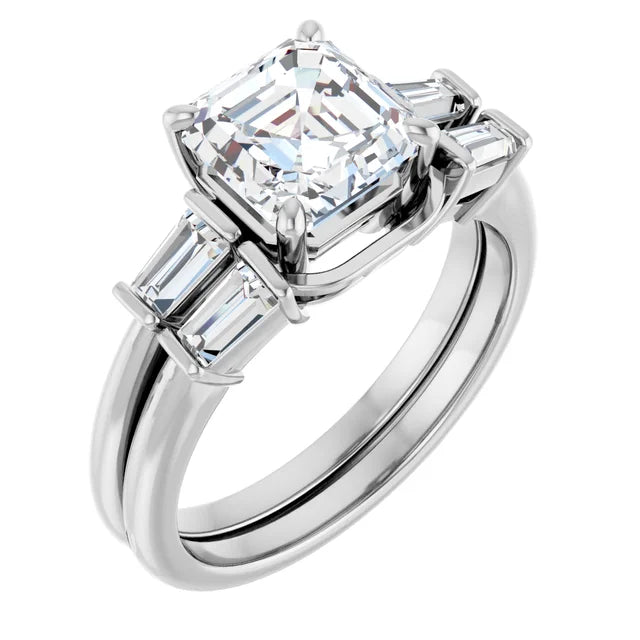 Asscher White Gold Baguette Accent Moissanite Engagement Ring