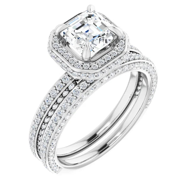 Asscher White Gold Halo Pave Style Moissanite Engagement Ring