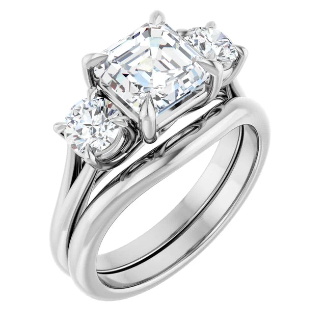 Asscher White Gold Tri Stone Moissanite Engagement Ring