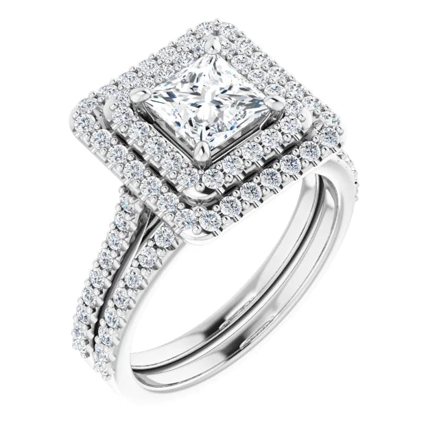 Princess Double Halo White Gold Moissanite Engagement Ring