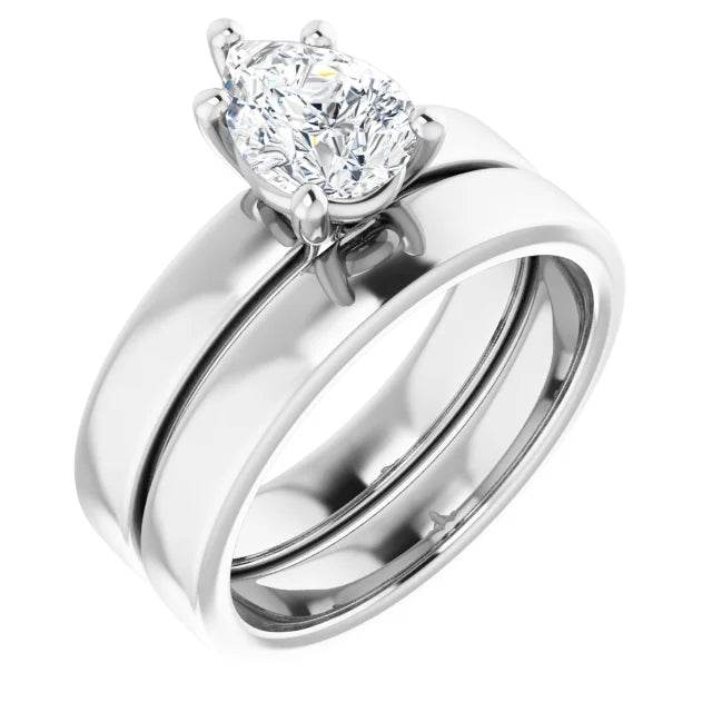 Pear White Gold Wide Band Solitaire Moissanite Engagement Ring