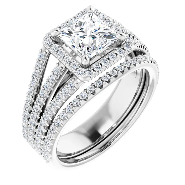 Princess White Gold Halo Split Pave Moissanite Engagement Ring