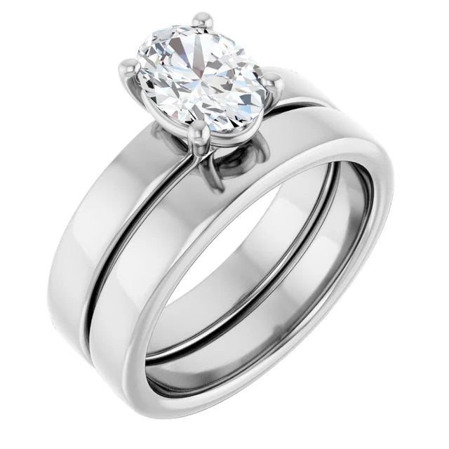 Oval White Gold Wide Band Solitaire Moissanite Engagement Ring
