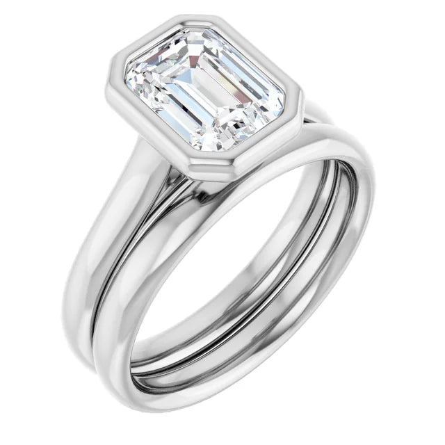 Emerald White Gold Solitaire Bezel Moissanite Engagement Ring