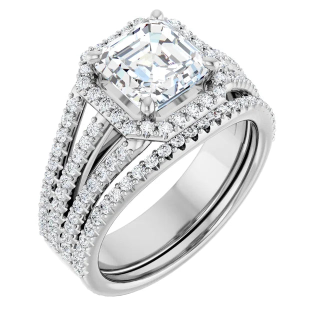 Asscher White Gold Halo Split Pave Moissanite Engagement Ring