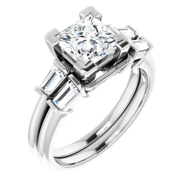Princess White Gold Baguette Accent Moissanite Engagement Ring