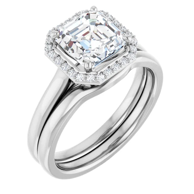 Asscher Halo Solitaire Engagement Ring White Gold. Moissanite
