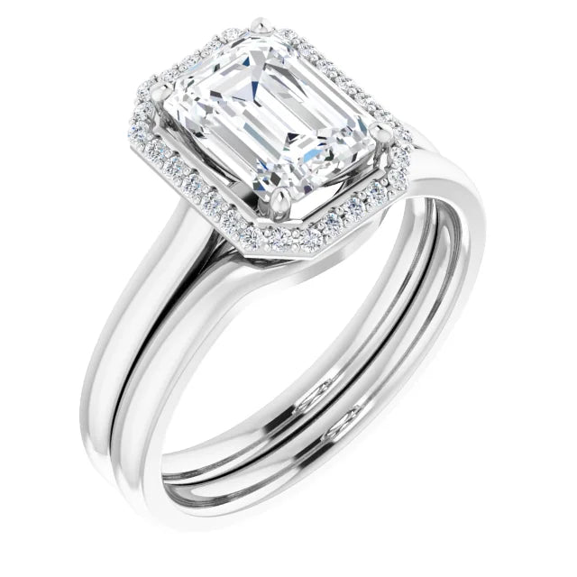 Emerald Halo Solitaire Moissanite Engagement Ring White Gold