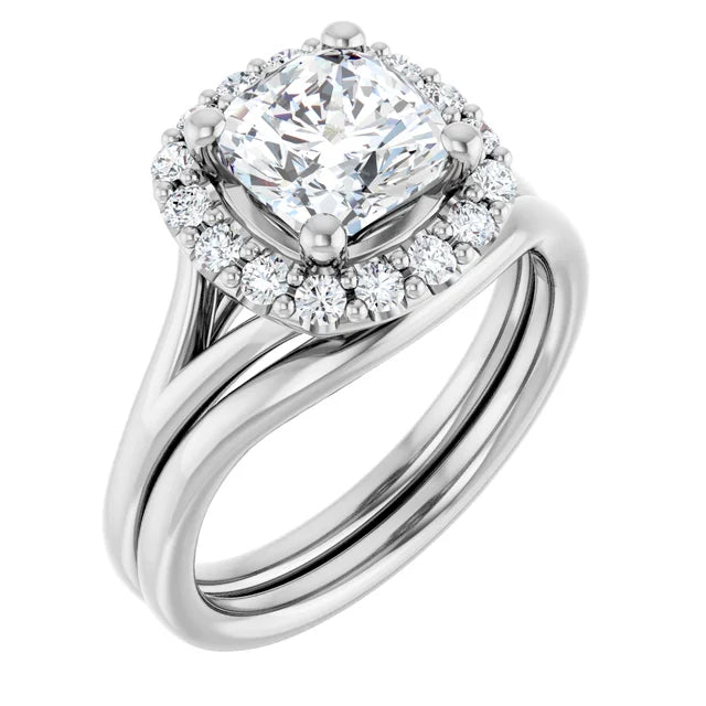 Cushion White Gold Halo Solitaire Split Band Moissanite Engagement