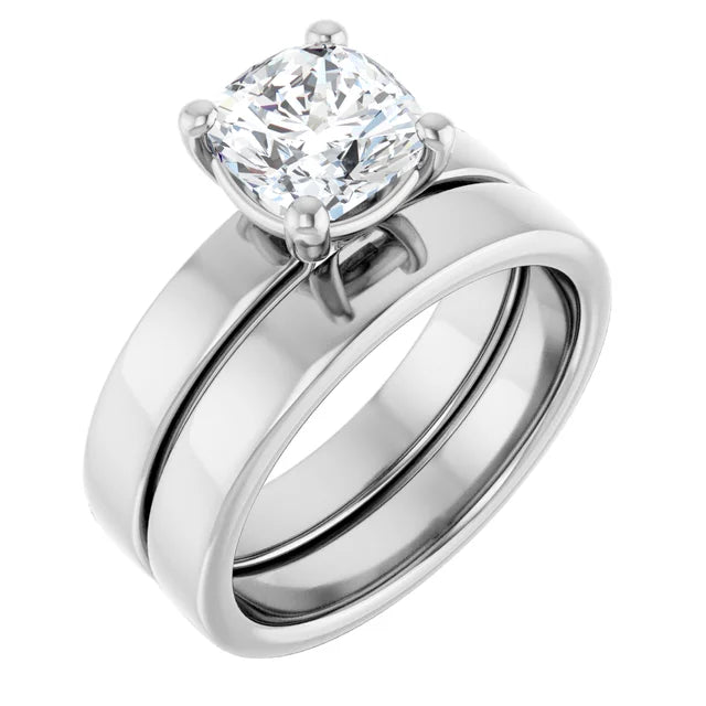 Cushion White Gold Wide Band Solitaire Moissanite Engagement Ring