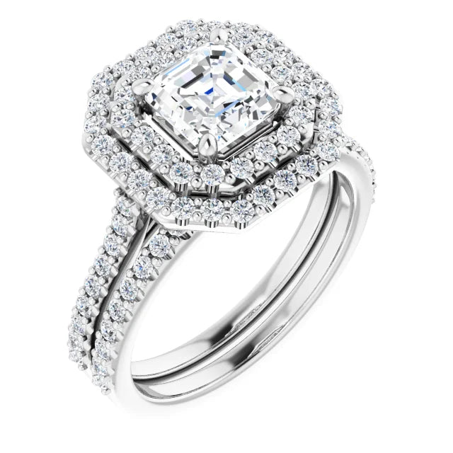 Asscher Double Halo White Gold Moissanite Engagement Ring
