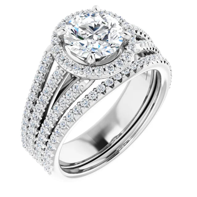 Round Brilliant White Gold Halo Split Pave Moissanite Engagement Ring