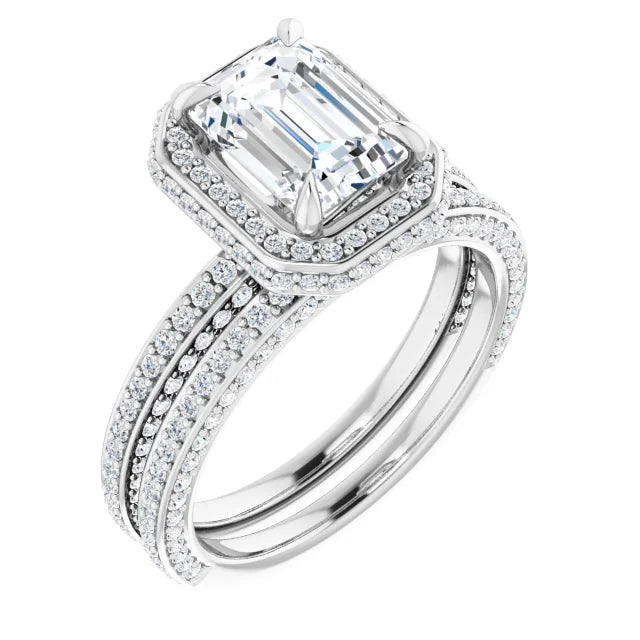 Emerald White Gold Halo Pave Style Moissanite Engagement Ring