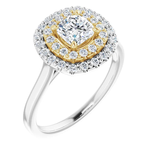 Cushion White & Yellow Gold Double Halo Solitaire Moissanite Engagement Ring