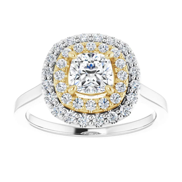 Cushion White & Yellow Gold Double Halo Solitaire Moissanite Engagement Ring