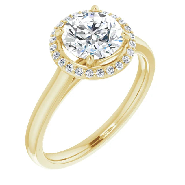 Yellow  Gold Round Brilliant Halo Solitaire Engagement Ring. Moissanite