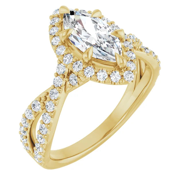Marquise Yellow Gold Twist Band Halo Moissanite Engagement Ring