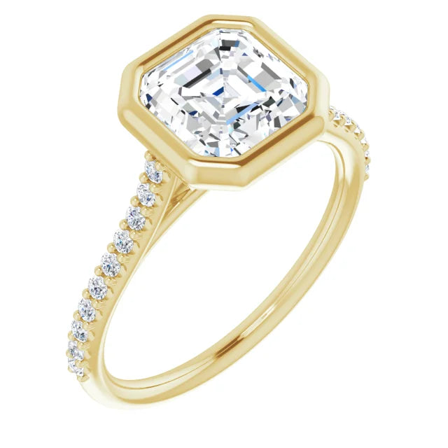 Asscher Yellow Gold Bezel Pave Moissanite Engagement Ring