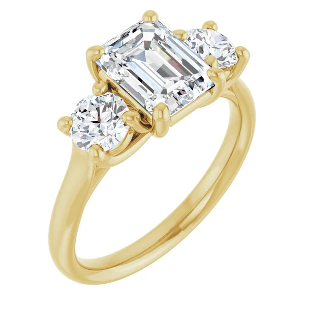 Emerald Yellow Gold Tri Stone Moissanite Engagement Ring
