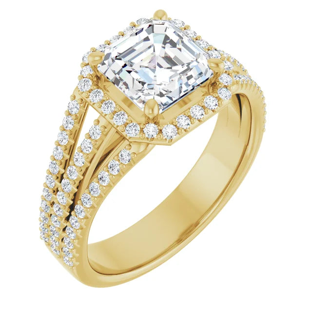 Asscher Yellow Gold Halo Split Pave Moissanite Engagement Ring