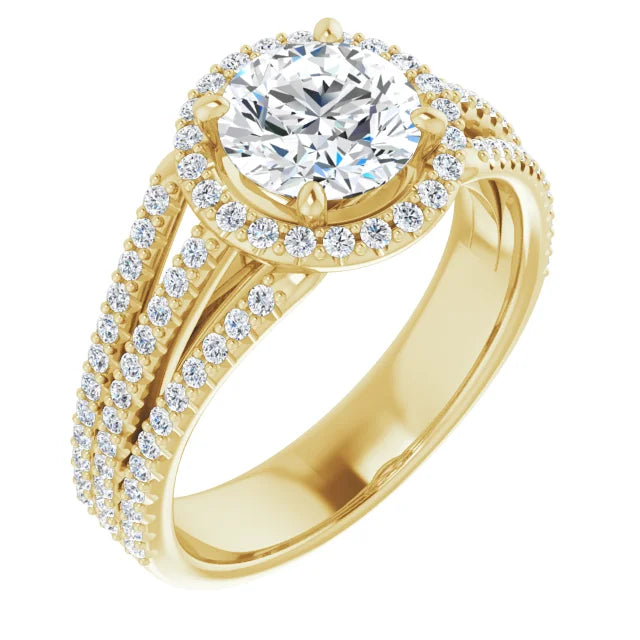 Round Brilliant Yellow Gold Halo Split Pave Moissanite Engagement Ring