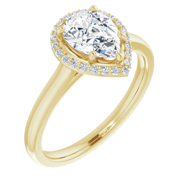 Yellow Gold Pear Halo Solitaire Engagement Ring. Moissanite