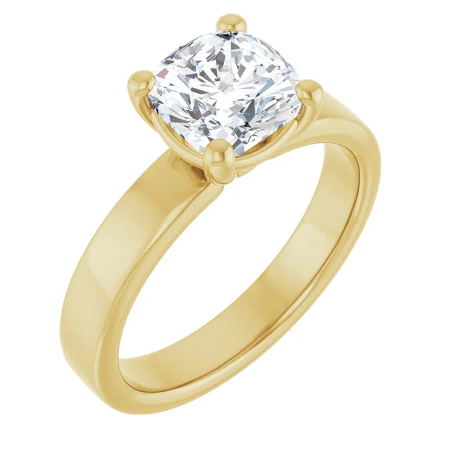 Cushion Yellow Gold Wide Band Solitaire Moissanite Engagement Ring