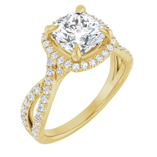 Cushion Yellow Gold Twist Band Halo Moissanite Engagement Ring