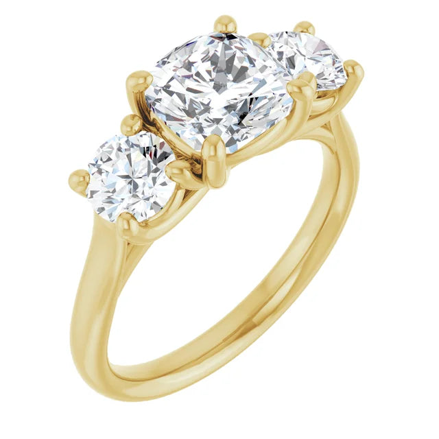 Cushion Yellow Gold Tri Stone Moissanite Engagement Ring