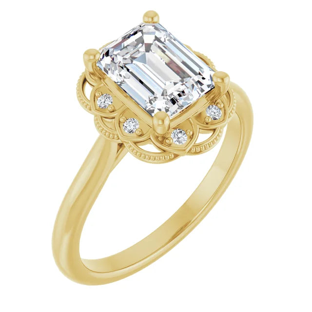 Emerald Yellow Gold Halo Moissanite Engagement Ring