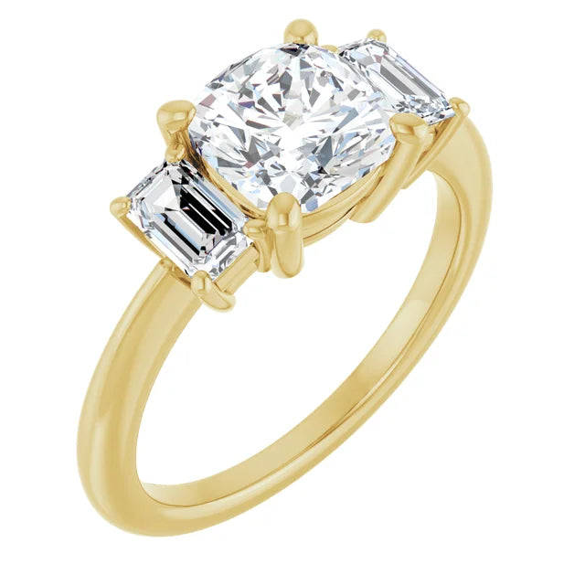 Cushion Yellow Gold Tri Stone Moissanite Engagement Ring