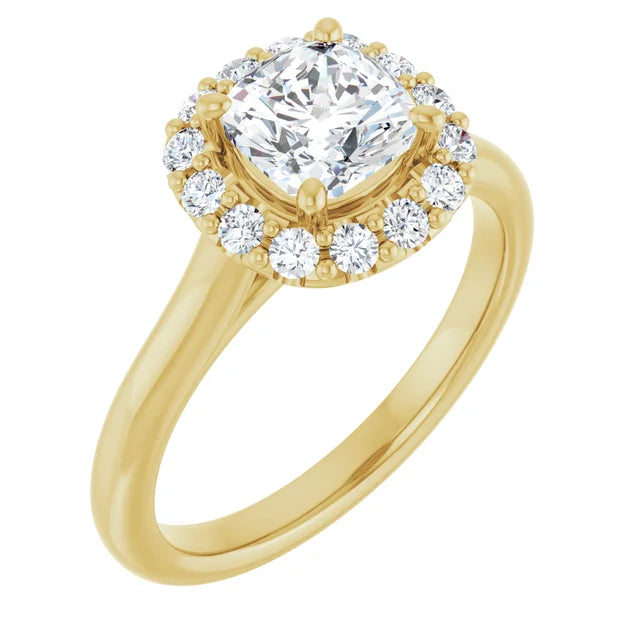 Cushion Halo Solitaire Yellow Gold Moissanite Engagement Ring