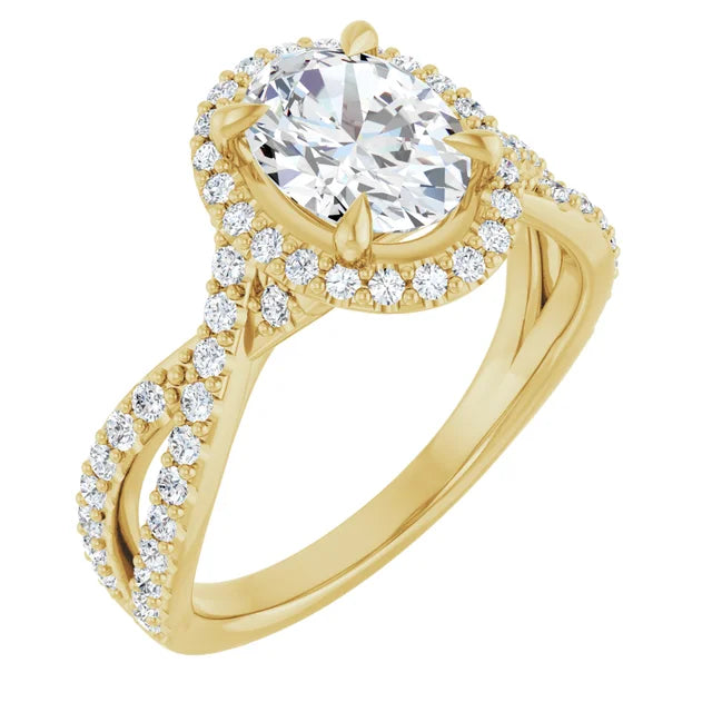 Oval Yellow Gold Twist Band Halo Moissanite Engagement Ring