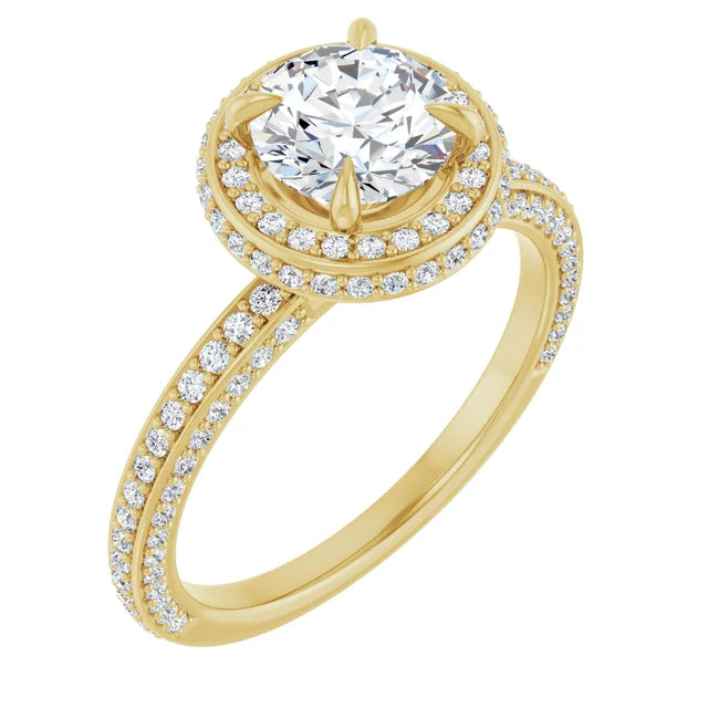 Round Brilliant Yellow Gold Halo Pave Style Moissanite Engagement Ring
