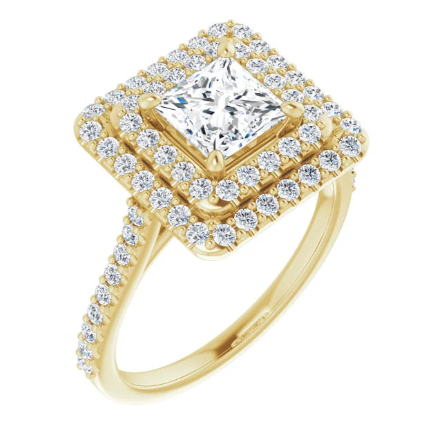 Princess Double Halo Yellow Gold Moissanite Engagement Ring