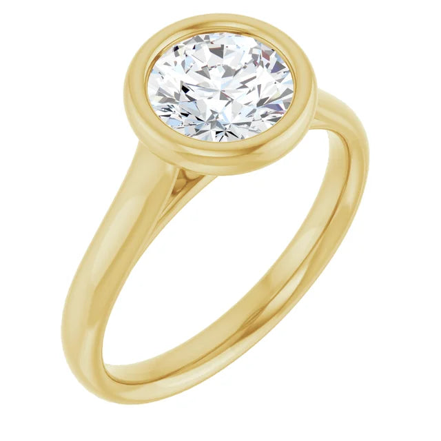 Round Brilliant Yellow Gold Solitaire Bezel Moissanite Engagement Ring