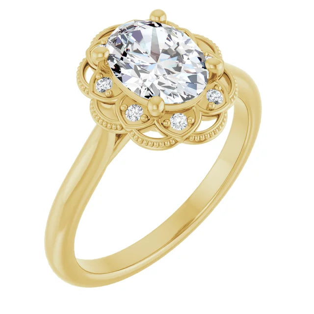 Oval Yellow Gold Halo Moissanite Engagement Ring