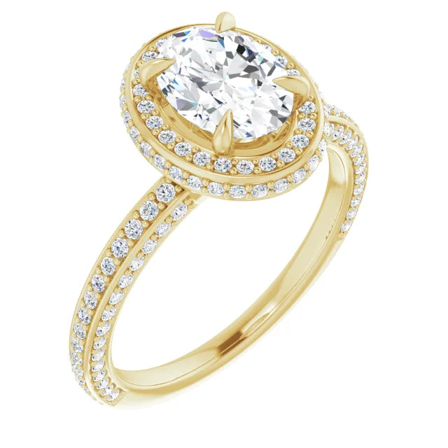 Oval Yellow Gold Halo Pave Style Moissanite Engagement Ring